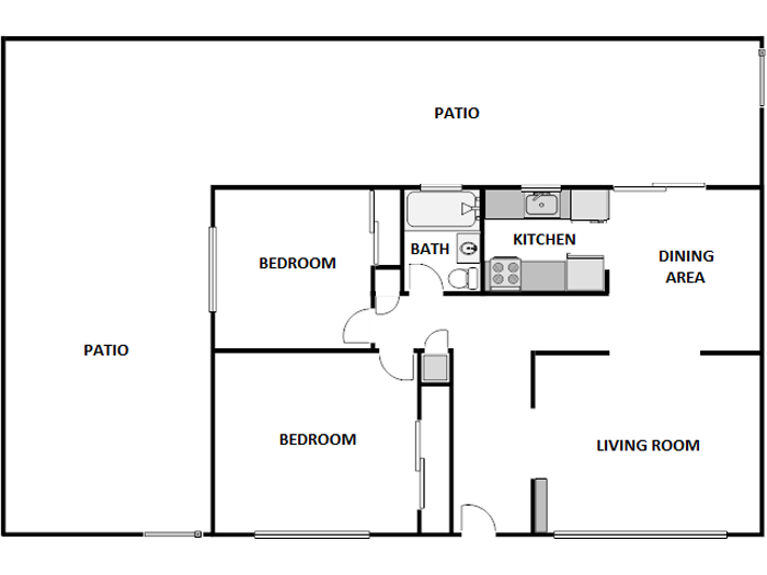 Floor plan for 2 beds, 1 bath, 875 sqft
